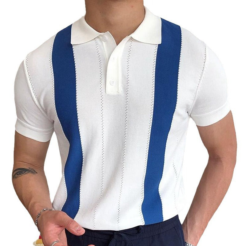Summer short sleeved knitted sweater with white stripes slim fit business POLO shirt Father's Day gift