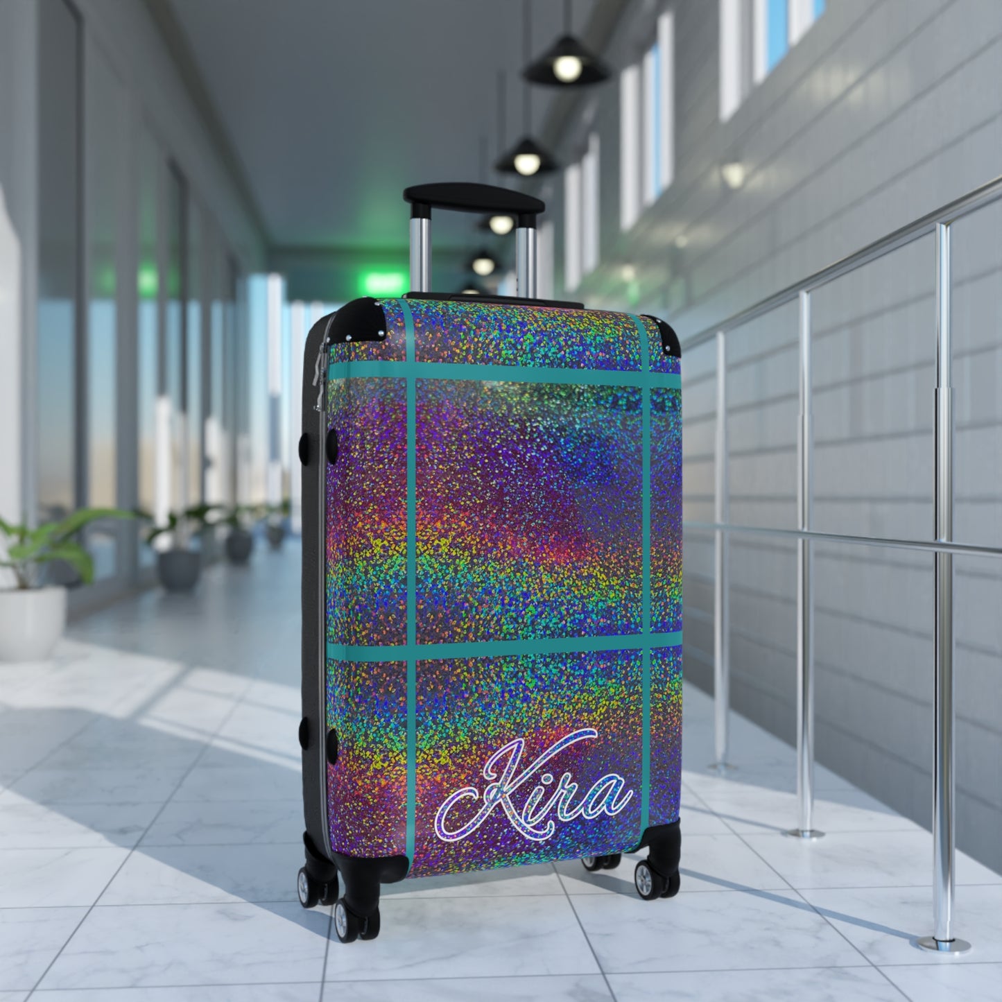 Personalized Name Holographic Glitch Pattern Print Suitcase Colorful Travel Luggage: WARNING - May Cause Uncontrollable Compliments
