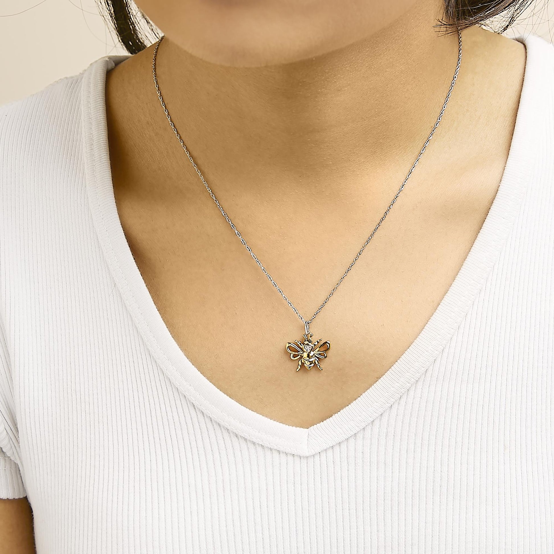 14K Yellow Gold Plated Sterling Silver Diamond Accent Bee Pendant Necklace-2