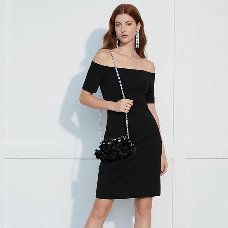 New Jambhala Black Flower Petal Clutch Bag with Detachable Shoulder Chains