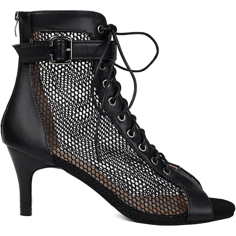 Utikliou Womens Size 5.5 Black Mesh Peep Toe High Top 3" Heel Lace Up Boots