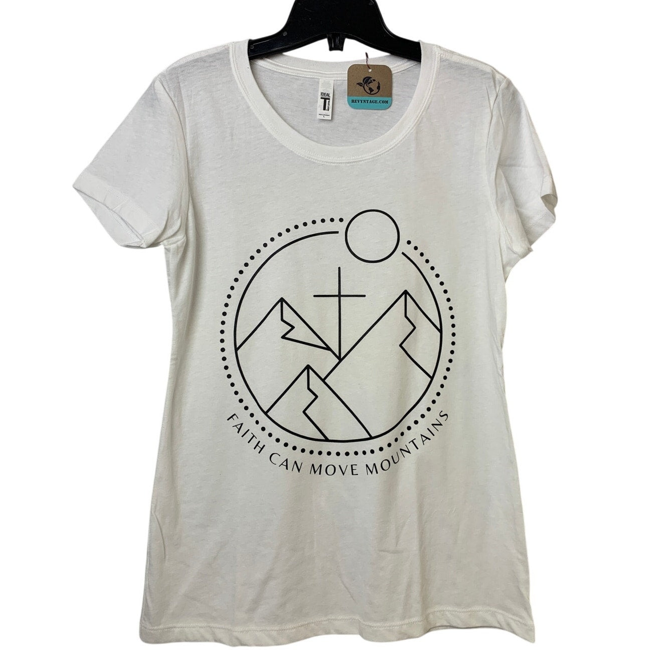 New Hand Printed Womens Large White Faith Can Move Mountains Bible Crew Tee