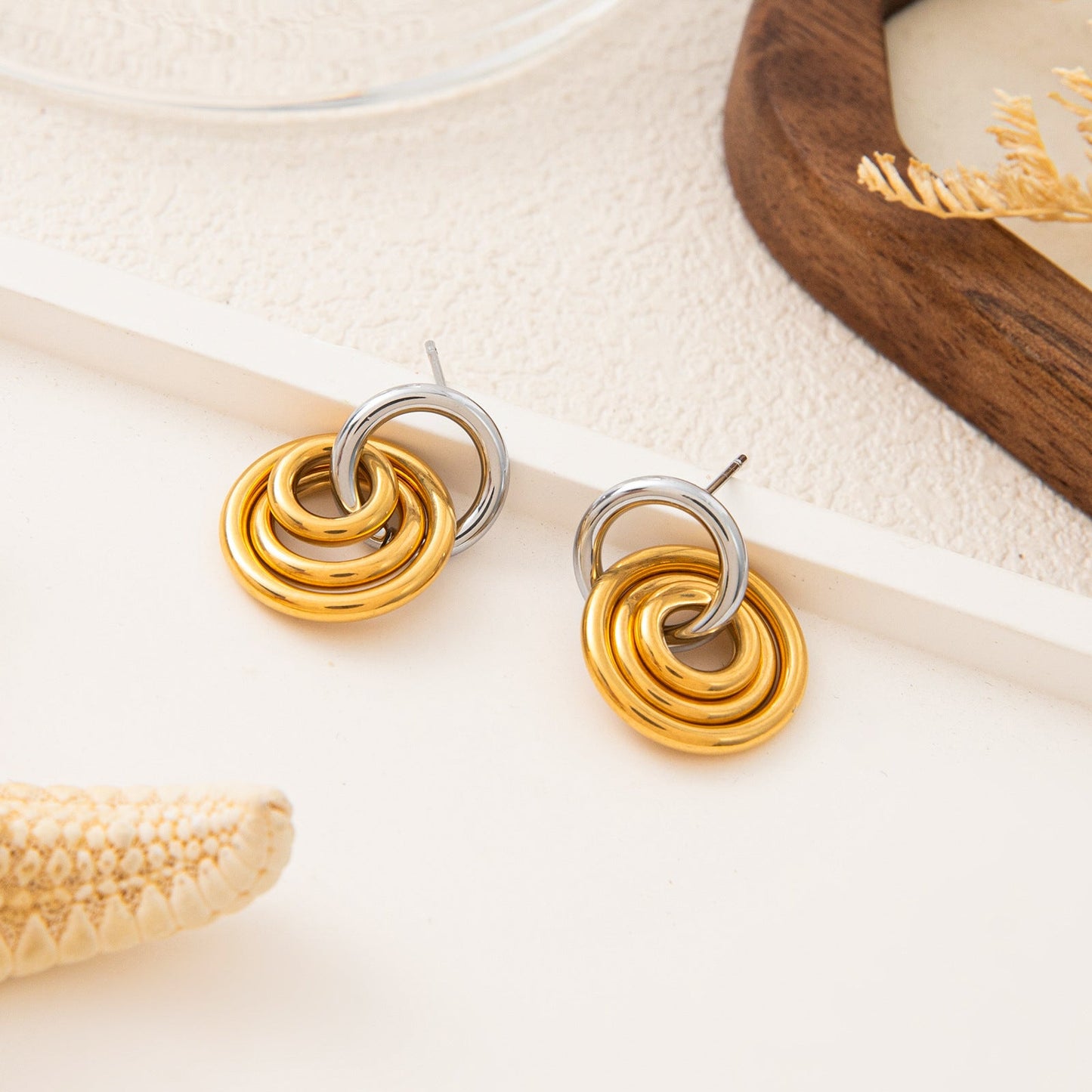 Golden Three-ring Hoop Earrings Made Of Stainless Steel