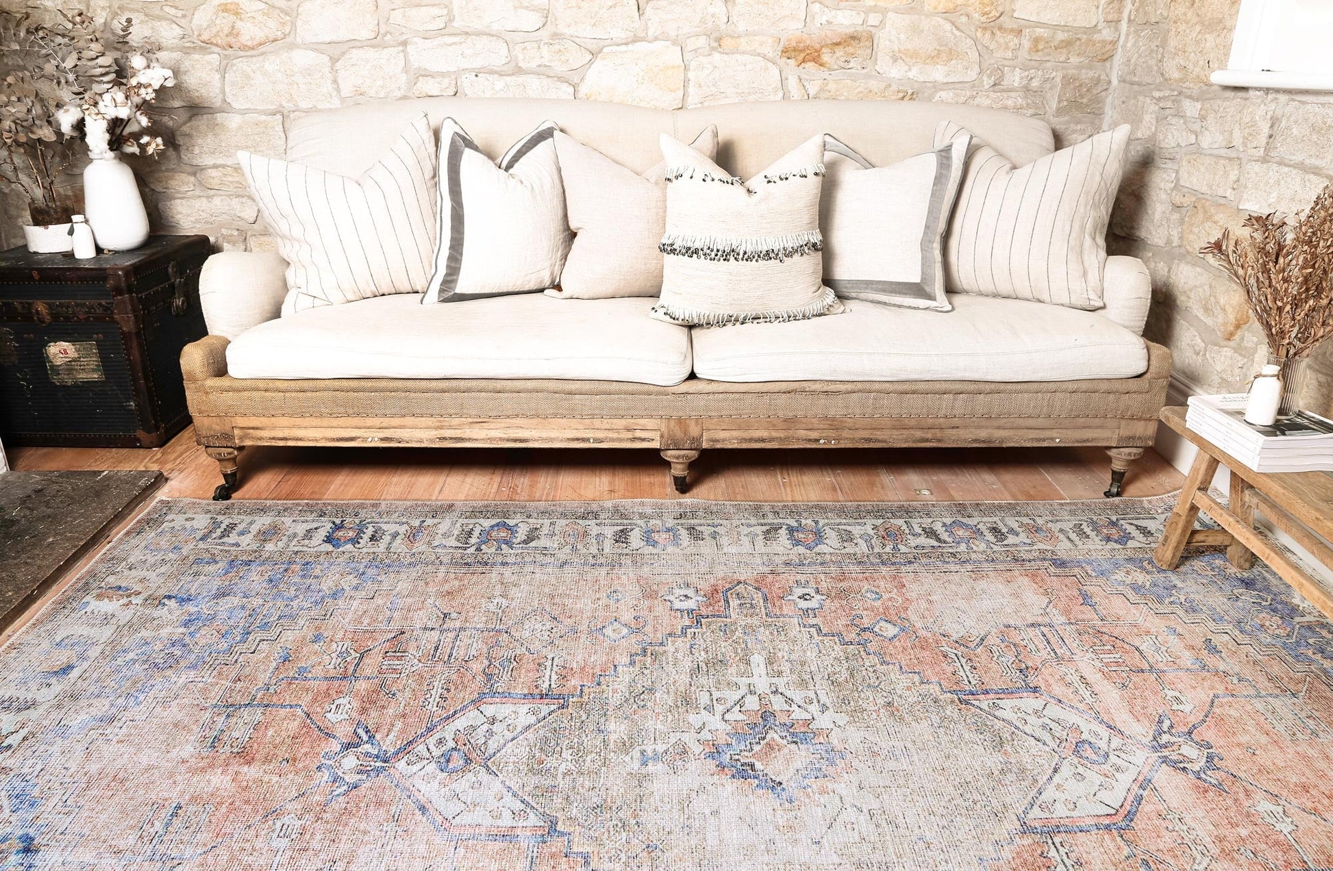 Distressed Vintage Pissarro Terracotta in Blue & Beige-1