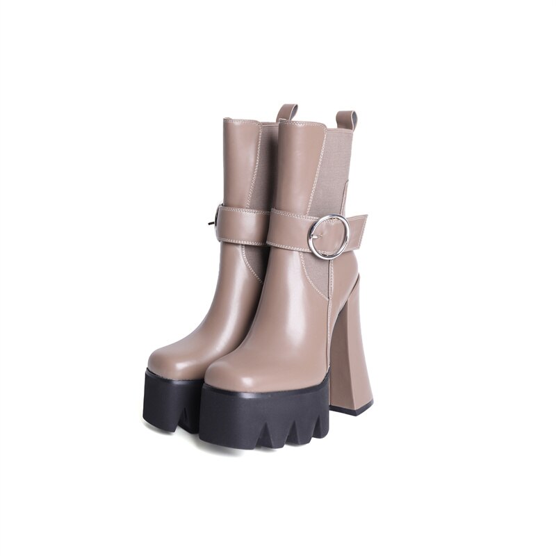 Women's Autumn Short Boots Brand New Square Toe Super High Heel Thick Sole Metal Sexy Stretch Bare Boots 42 Sizes