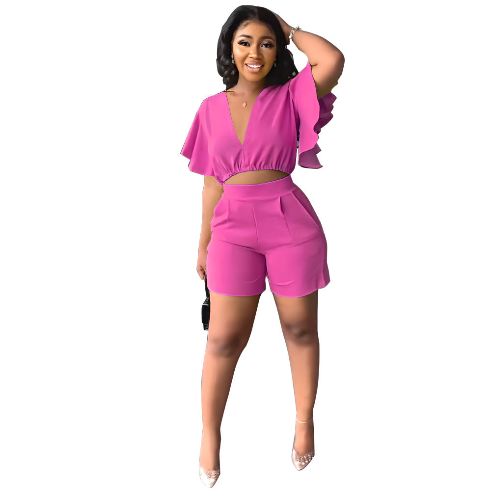 Ruffled Cropped V Neck Top Casual Shorts Summer Two-Piece Set