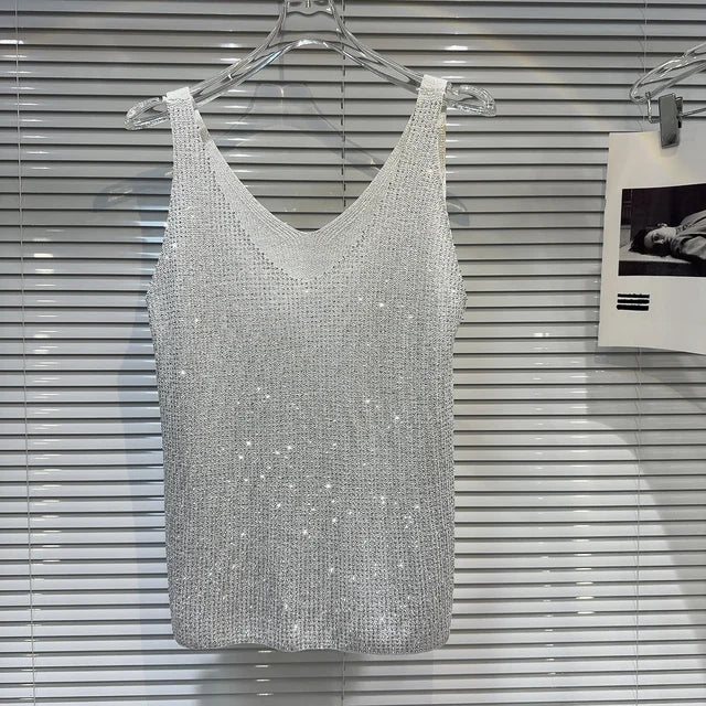Hot pressed diamond collar knitted camisole vest women's top