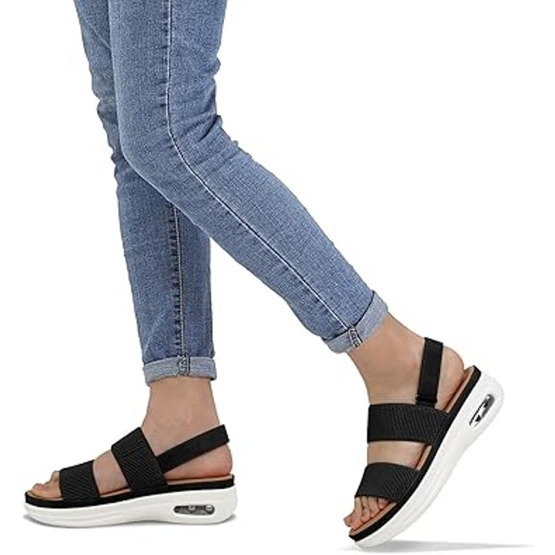 Mysoft Womens Size 8 Black Cloth Strap Open Toe Air Cushioned Walking Sandals