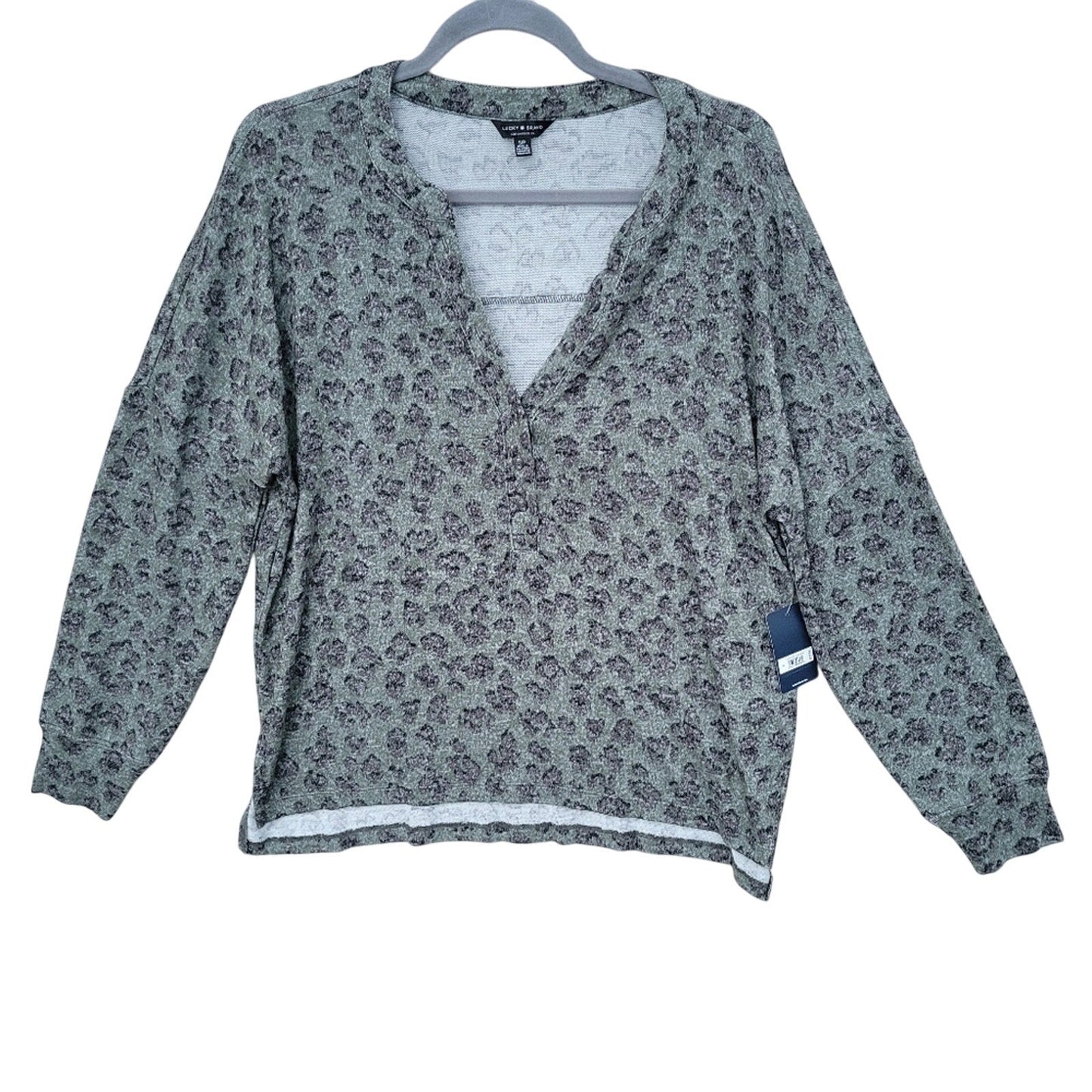 NWT New Lucky Brand Womens Small Leopard Print Viscose Long Sleeve Henley Top