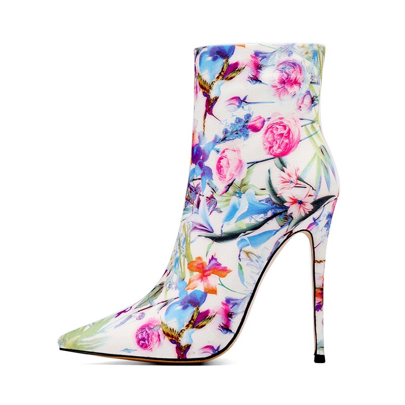 Spring Autumn Women Pointed Toe Sexy Stilettos Steel Heels 12cm Zipper Flowers Ankle Boots Large Size 43 44 45 New