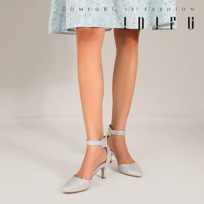 Idifu Womens 8 Silver Glitter 3" Kitten Heel Pointed Close Toe Ankle Strap Shoes