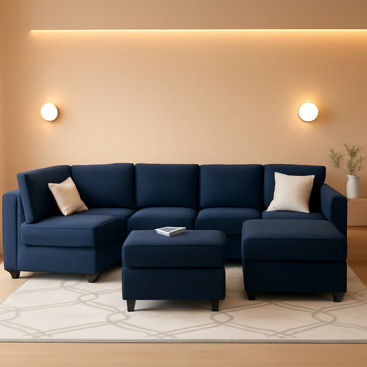 Modular Velvet Sectional Sofa Blue With Storage Ottoman-0
