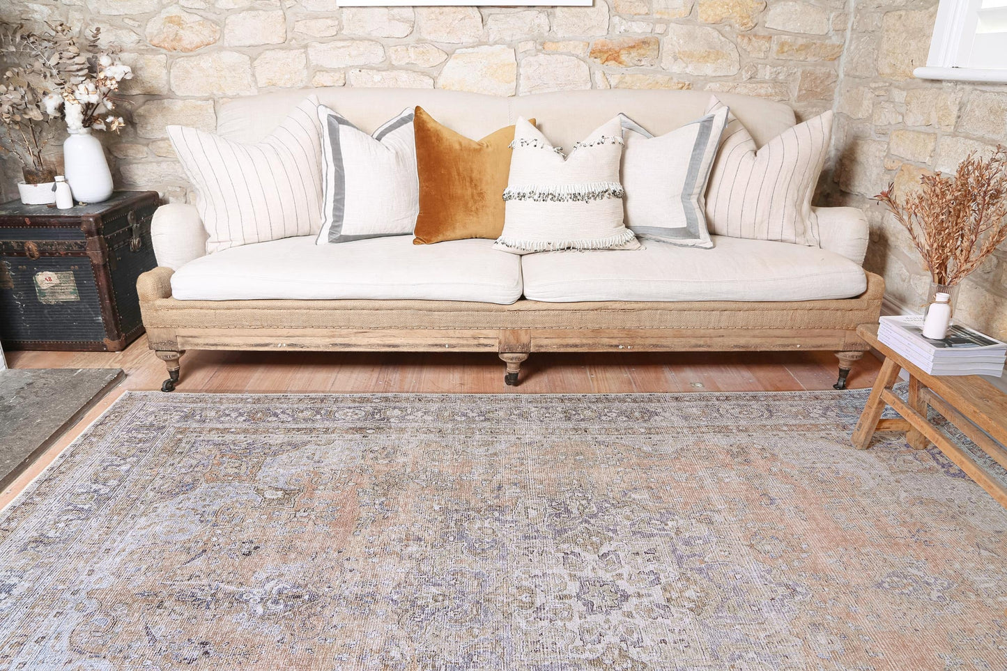 Distressed Vintage Oxus Desert in Grey & Beige Rug-1