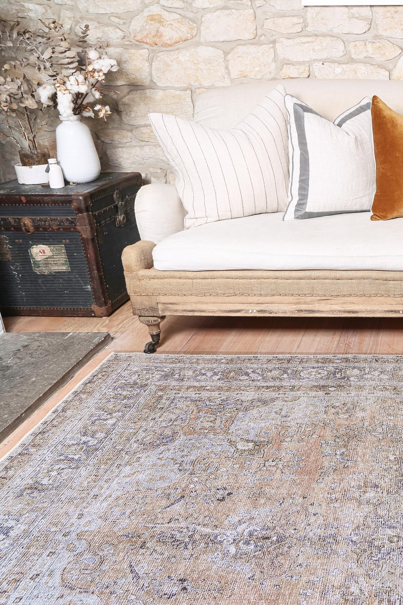 Distressed Vintage Oxus Desert in Grey & Beige Rug-2