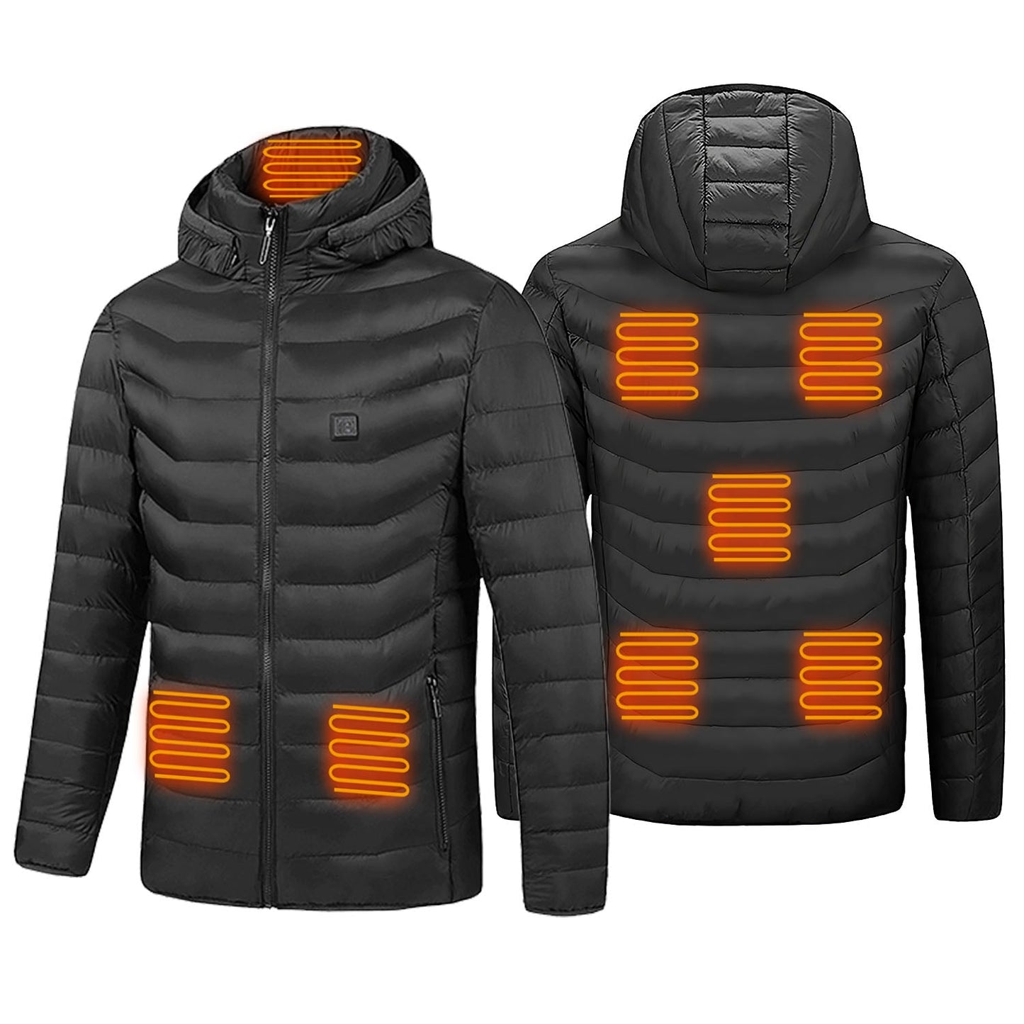 Black heated jacket with orange heating elements on a white background