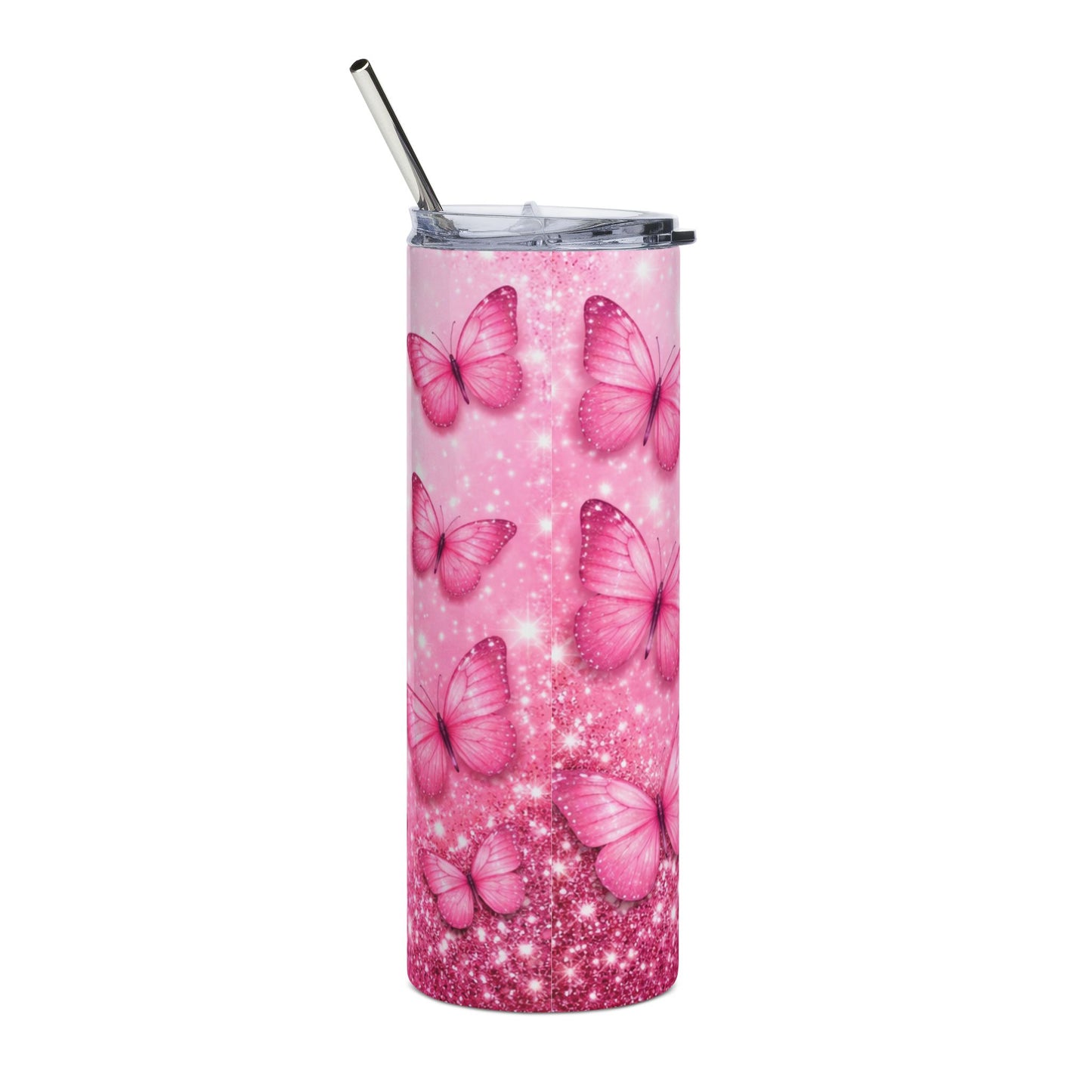 Customized Name - Pink Butterfly Sparkle Tumbler | 20oz Stainless Steel
