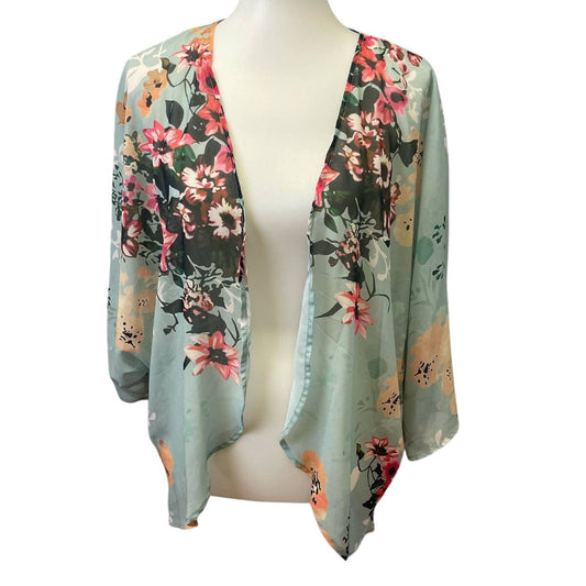 Pastel Floral Bouquet XL Sheer Polyester Long Sleeve Open Coverup Blouse Top