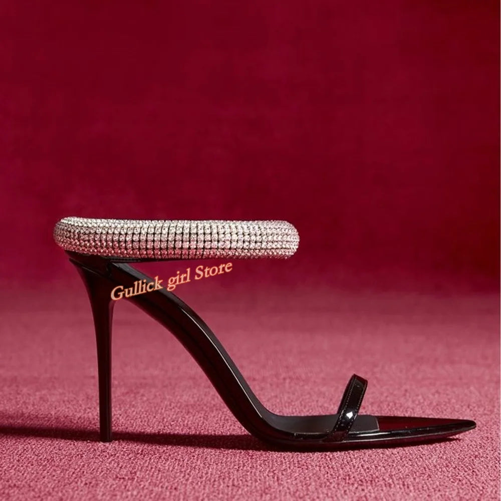 Top Quality Crystal Strap Stiletto Sandals Sexy Pointed Toe Black Patend Leather Slip On Fashion   Summer New Arrivals Shoes
