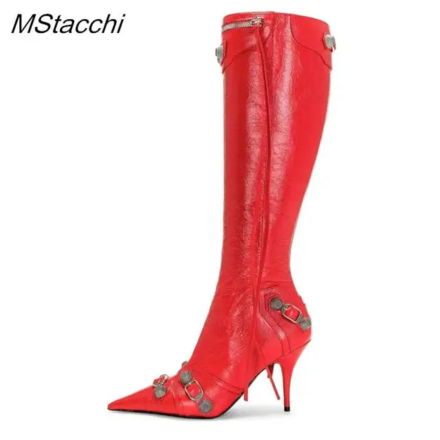 New Metal Rivet Women High Knee Boots Pointed Toe Thin Heels Designer Shoes Party Tassels Zipper-Sid Long Botas De Mujer