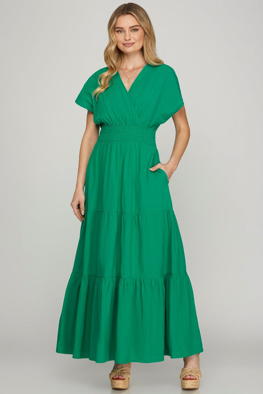 Surplice Short Sleeve Tiered Maxi Dress With Pockets For Women – Fluttering, Elegant and Versatile Maxi Dress with Surplice Neckline and Pockets