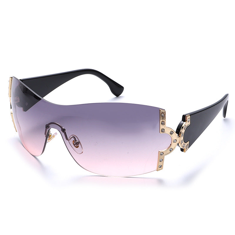 New Diamond Encrusted Sunglasses Women's Fashion Metal One-Piece Frame Glasses Large Frame Diamond Sunglasses