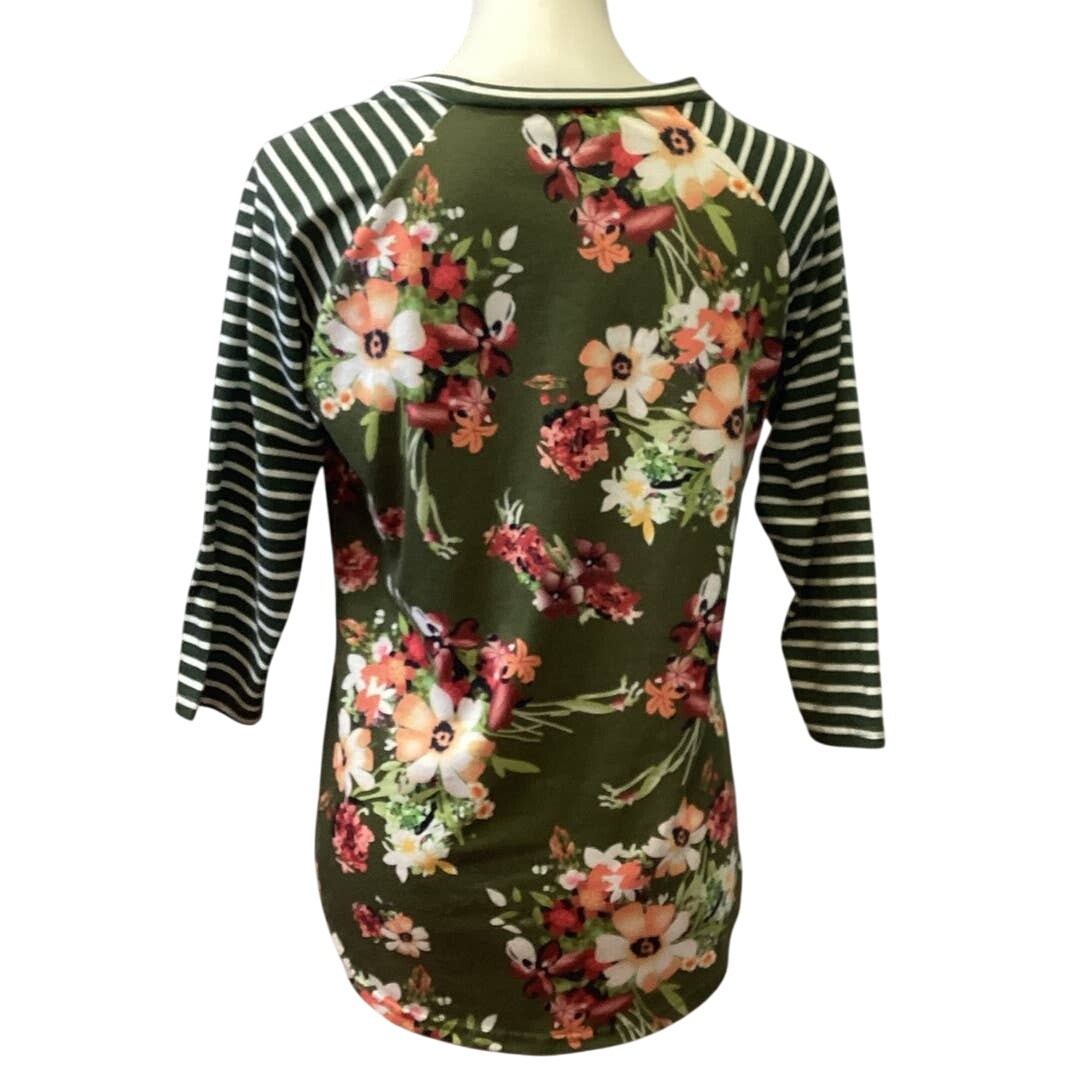 Ladies Medium Long Striped Sleeve Floral Crew Neck Polyester Blend Tee Shirt Top