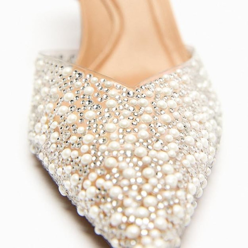 YIYA Womens Size 6.5 White Pearl Stud Clear Closed Toe Slingback 3" Heel Shoes