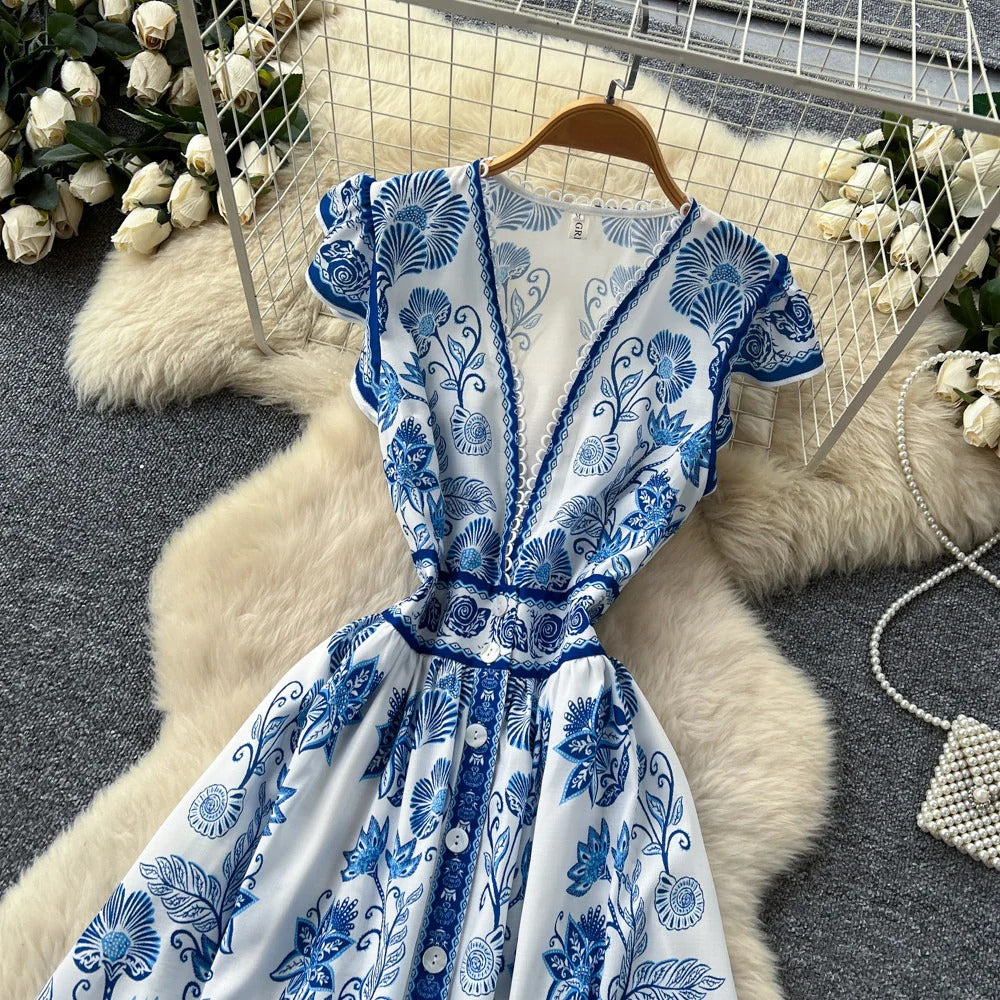 Blue Willow V-Neck Sleeveless Dress – Summer A-Line Maxi, Elegant Mandarin-Inspired Print