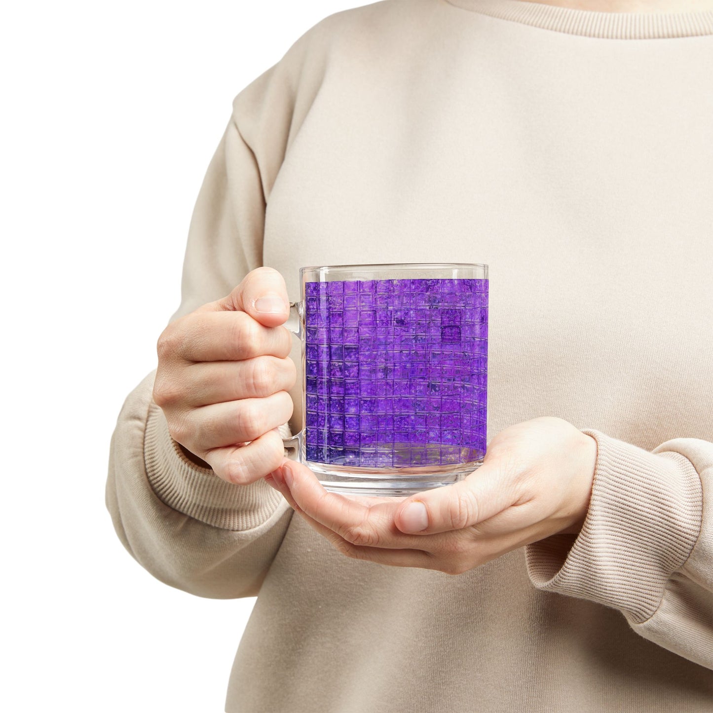 Purple Mosaic Tile Glass Mug Iridescent Geometric Pattern, 10oz
