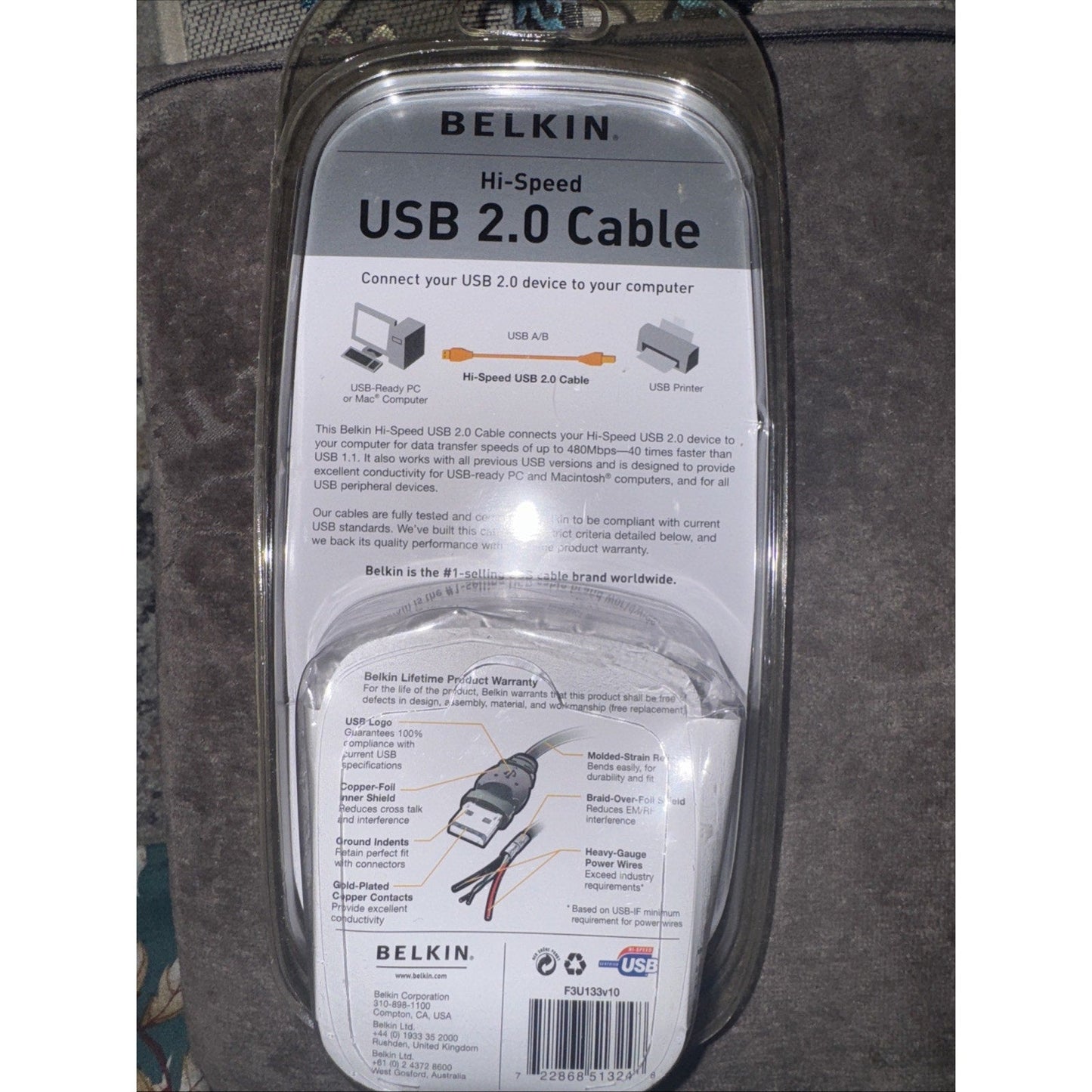 Belkin Hi Speed USB 2.0 Cable 10' Long NEW Computer A plug B plug