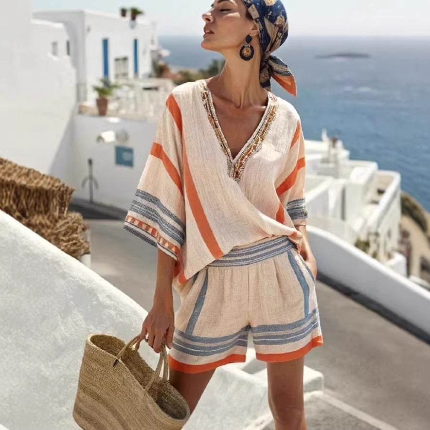 Women’s Linen Striped V Neck Top and Shorts Set