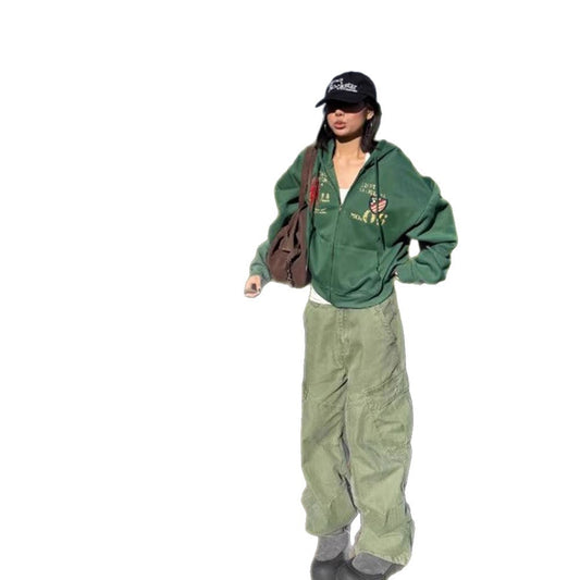 Green Hooded Sweatshirt Jacket for Women, Short Length, Loose Fit, Zipper Front