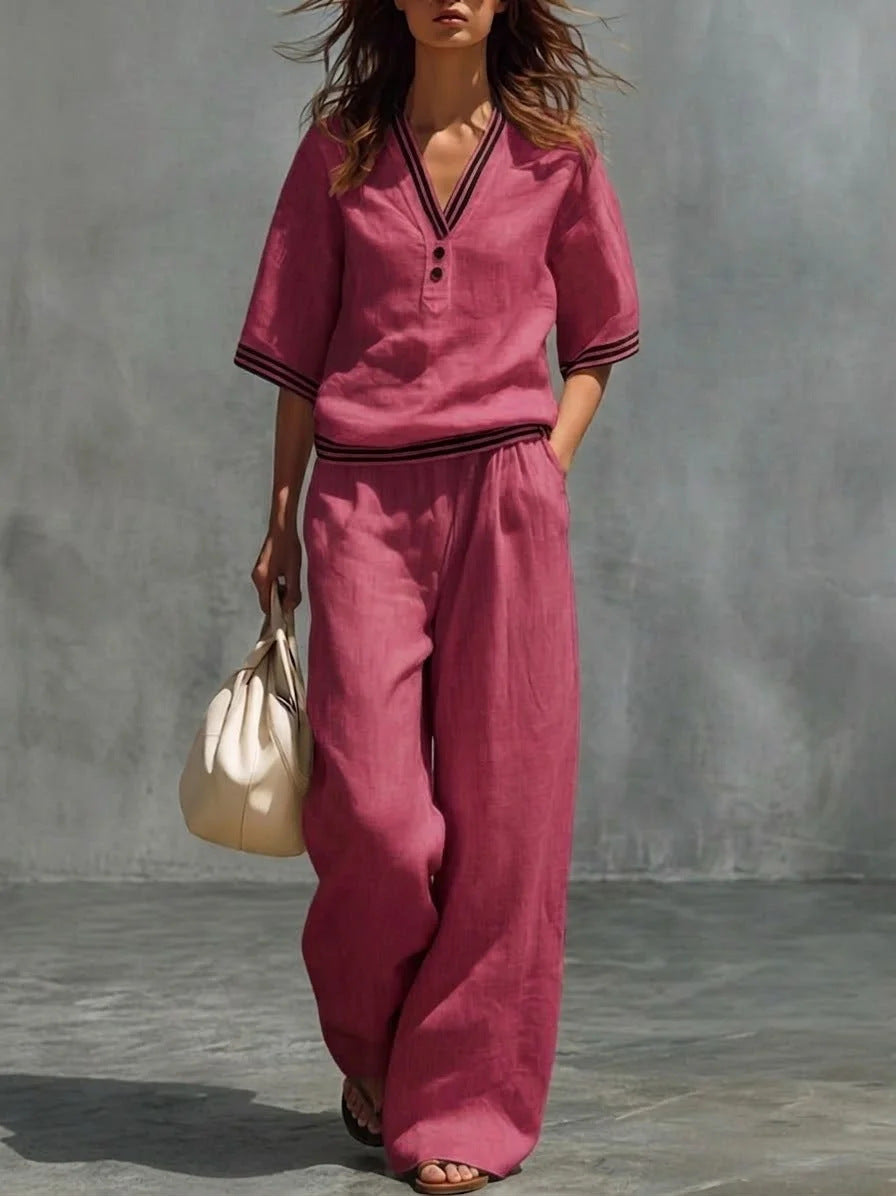 V-Neck Short-Sleeve Shirt & Pants Set – Cotton-Linen Two-Piece