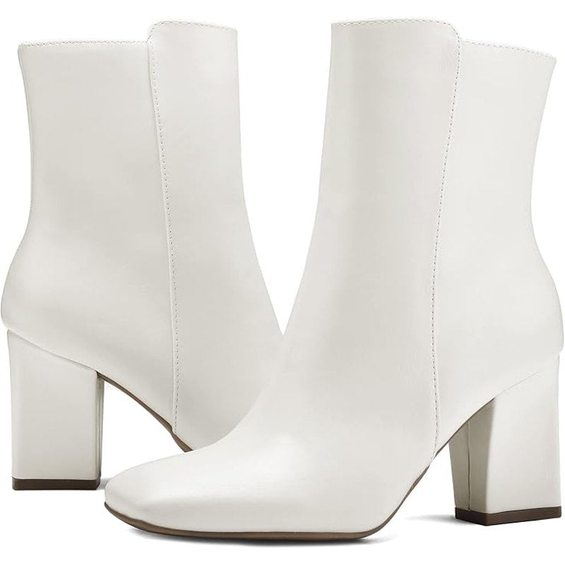New Mysoft Womens Size 8 White Faux Leather 3" Block Heel Zip Ankle Boots w Flaw