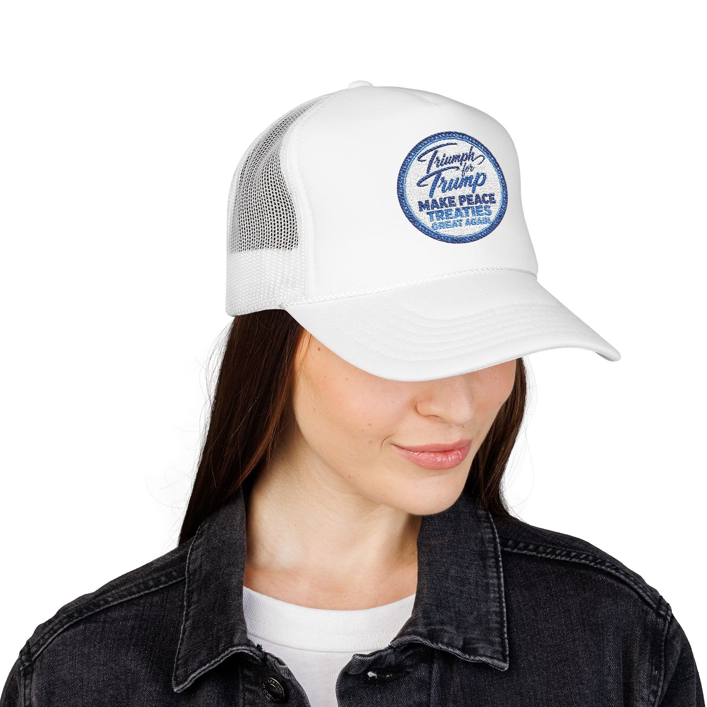 "Triumph for Trump: Make Peace Treaties Great Again" ✨EMBROIDERED Foam Trucker Hat — Vintage Trump Campaign Patch, Only @ LuxeByMimi✨