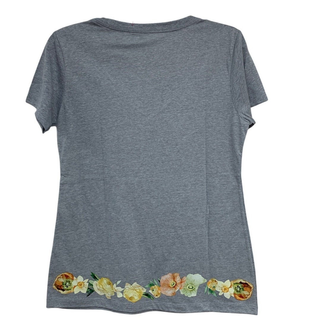 New Hand Printed Large Heathered Gray Floral Wrap Around Short Sleeve Tee Shirt