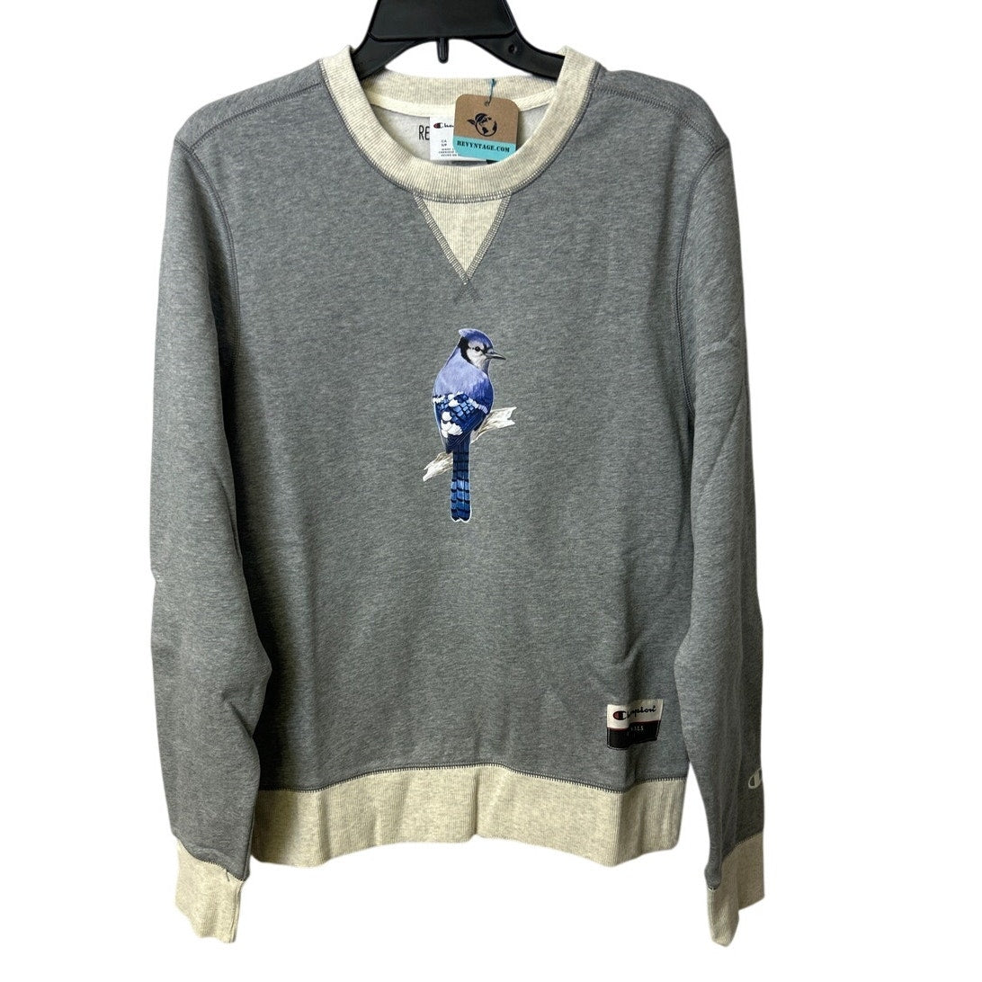 New Hand Printed Womens Small Blue Jay Bird Long Sleeve Heathered Sweatshirt