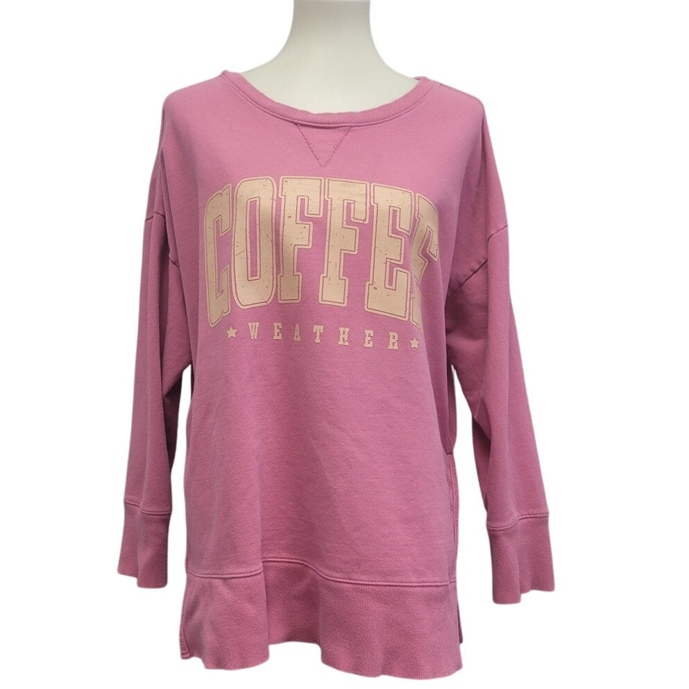 Hand Printed Upcycled Womens Plus Size 1X Coffee Weather Long Sleeve Sweatshirt