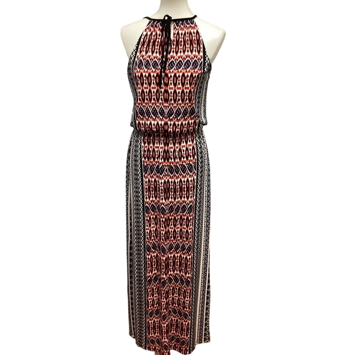 London Times Size 6 Geometric Stripe Sleeveless Front Tie Polyester Maxi Dress