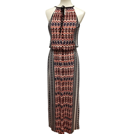 London Times Size 6 Geometric Stripe Sleeveless Front Tie Polyester Maxi Dress