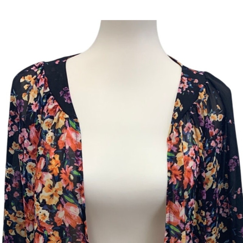 Long Sheer Womens Medium Lace Trim Floral Flowy Open Cardigan Coverup