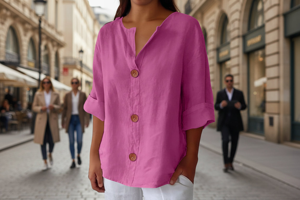 Women’s V-Neck Cotton Linen Buttoned Blouse