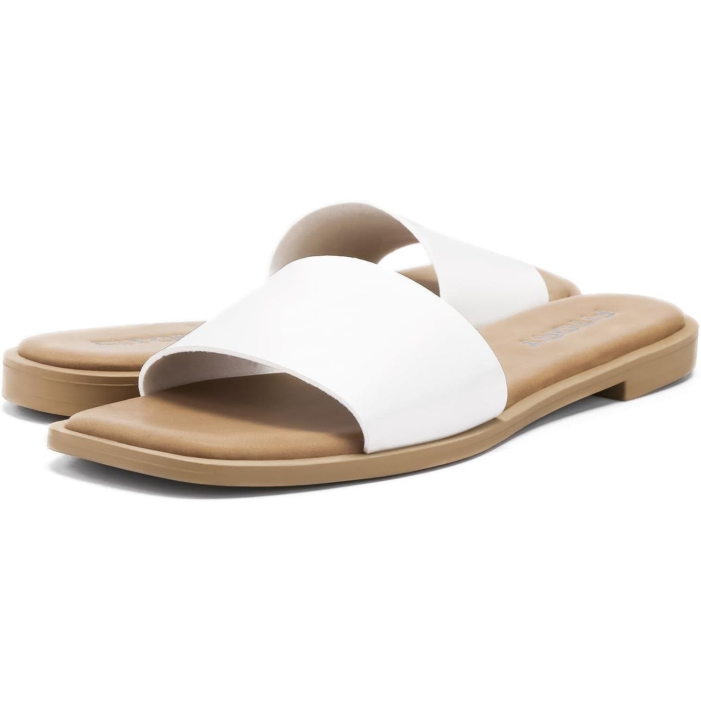 Fitory Womens Size 8 White Faux Leather Slide On Open Toe Flat Sandals Shoes