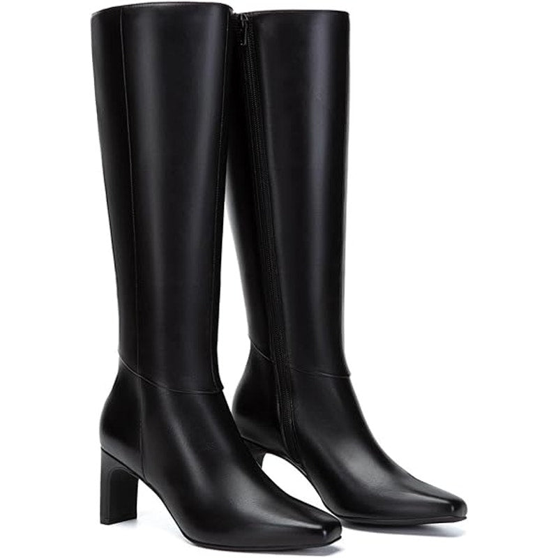 Athlefit Womens Size 8 Black Faux Leather 3" Block Heel Knee High Side Zip Boots