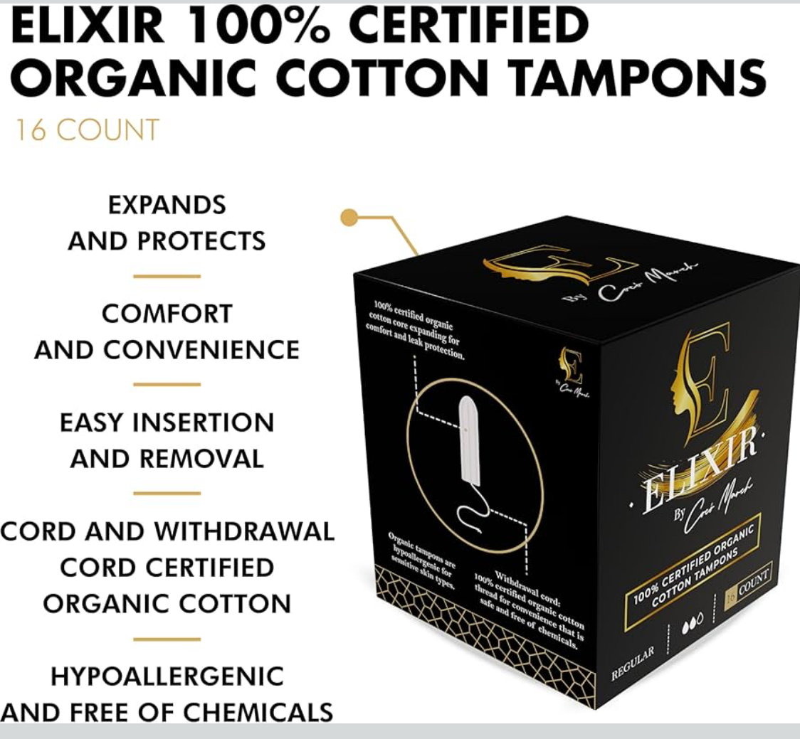 Elixir 100% certified organic cotton tampons packaging with text on a white background