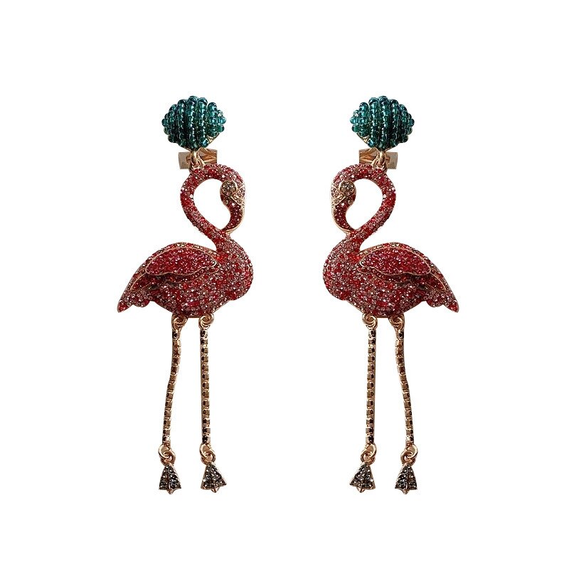 Crystal Pink Flamingo Earrings Tassel Rhinestone Dangle Earrings for Women Long Birds Statement Jewelry Gift Party
