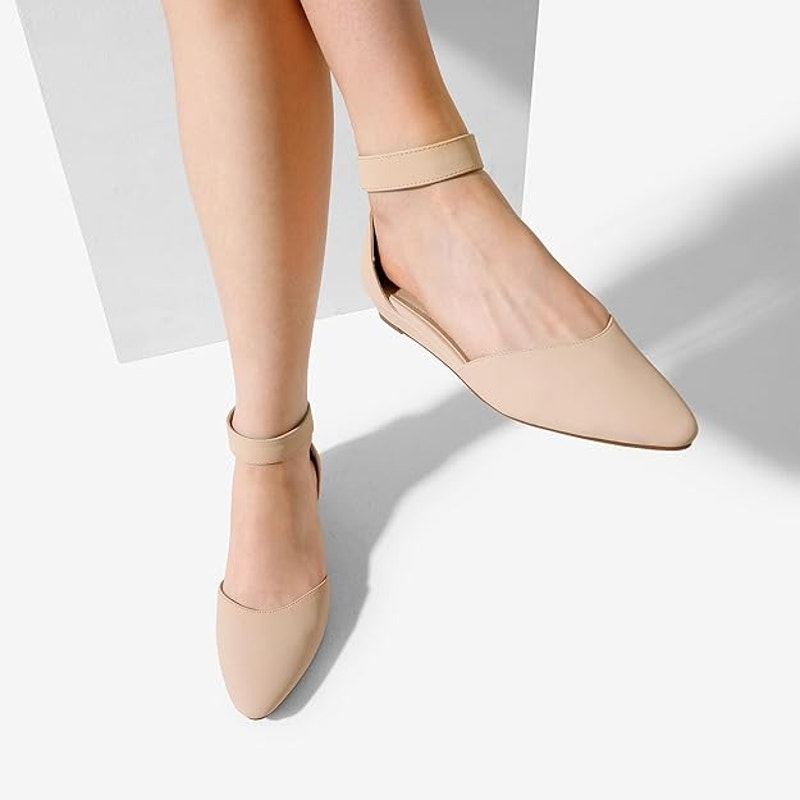 Dream Pairs Womens Size 8 Tan 1" Wedge Flats Ankle Strap Pointed Toe Shoes