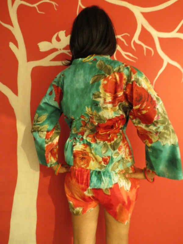 Red Teal Floral Shorts-2