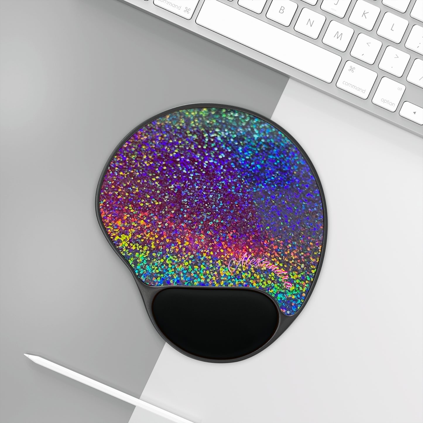 Personalized Holographic Glitter Mouse Pad with Wrist Rest - Rainbow Sparkle Desk Mat