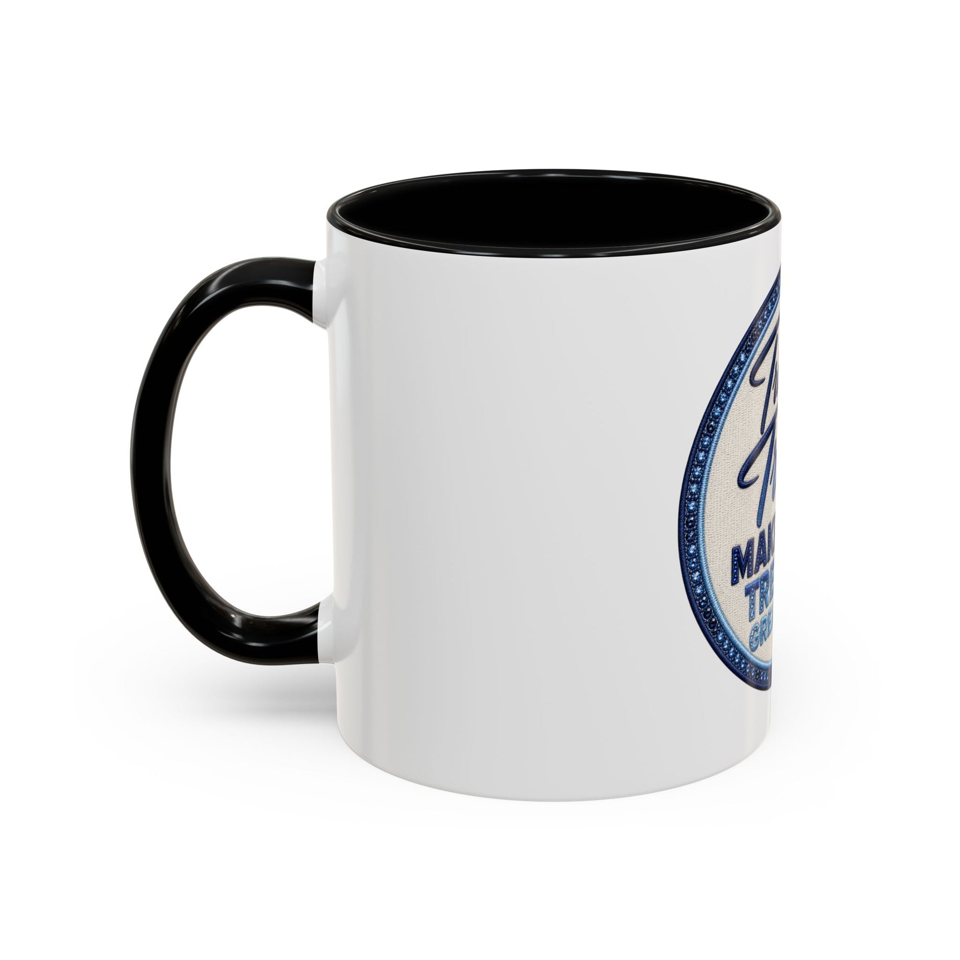 White mug with black handle featuring a logo on a white background Donald Trump patriotic coffee cup with embroidered-style circular badge artwork for coffee and tea lovers.